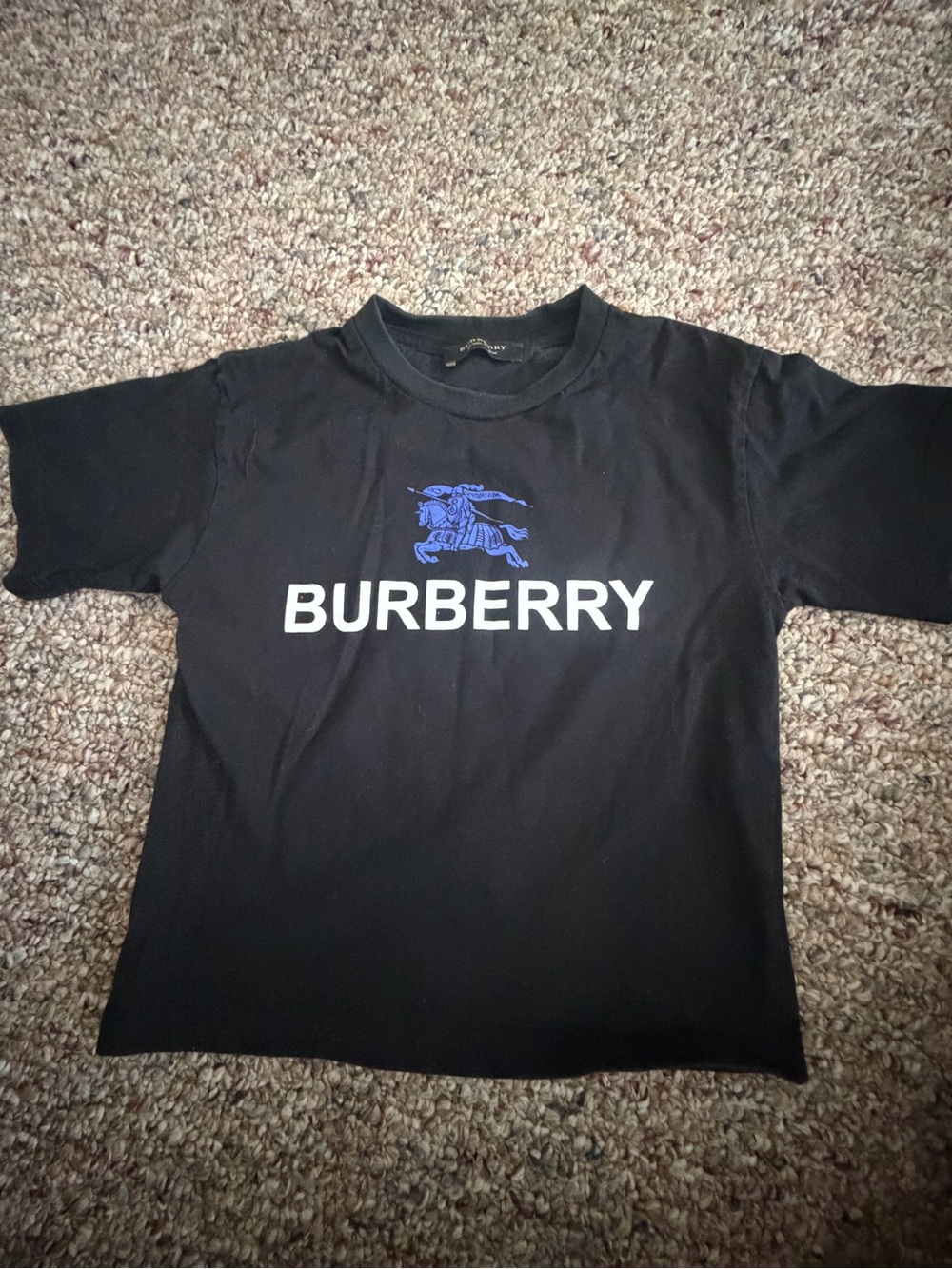 Burberry Black Tee with White Logo and Blue Equestrian Motif